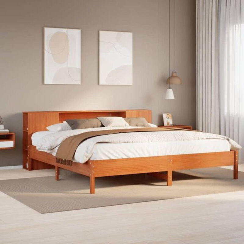 Massivholzbett aus Kiefer mit Regal von Vidaxl in Braun, B/T/H: 200 x 200 x 82 cm - Bild 1