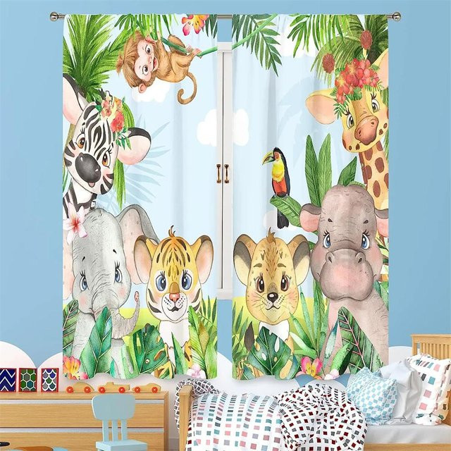 2er-Set Yiran Furniture Fenster Vorhänge mit Cartoon Zoo Tier Dschungel Löwe Motiv, halbtransparent, Mehrfarbig, B: 100 cm, H: 130 cm - Bild 1