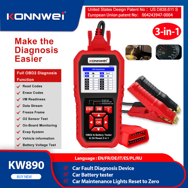 KONNWEI KW890 12V OBD2 Batterietester und Auto-Diagnosegerät mit Bluetooth in Rot - Bild 1