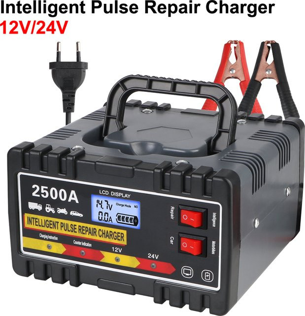 Intelligentes Puls-Reparatur-Ladegerät für Auto und Motorrad mit digitalem LCD-Display, 12V/24V, 220W, EU-Stecker, Schwarz - Bild 1