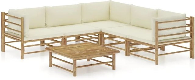 vidaXL 6-teiliges Garten-Lounge-Set aus Bambus mit cremeweißen Polstern und Kissen in L-Form - Bild 1