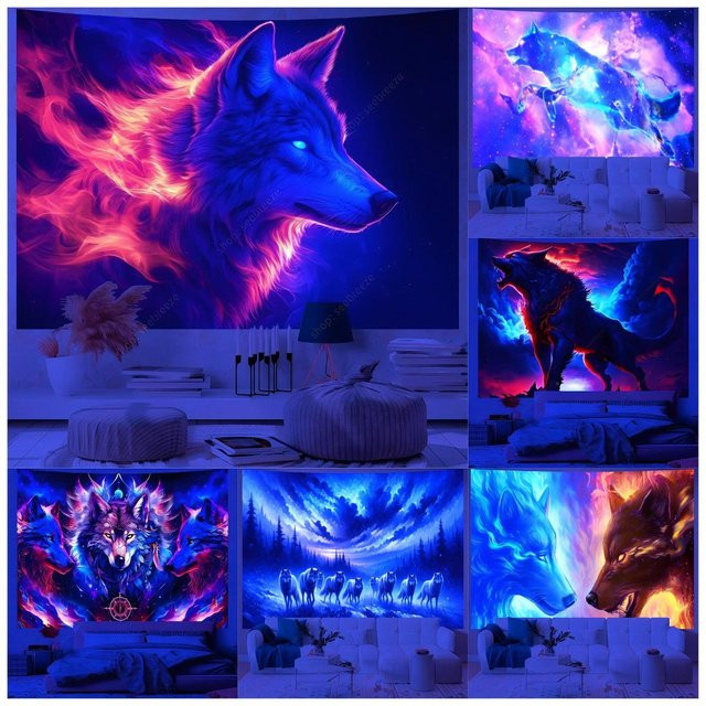 VIKAMA Dark Wolves Wandteppich mit blauen und violetten Flammen, abstrakte Tier-Dekoration für dein Wohnzimmer oder Gaming-Zimmer, B/H: 60 x 60 cm - Bild 1