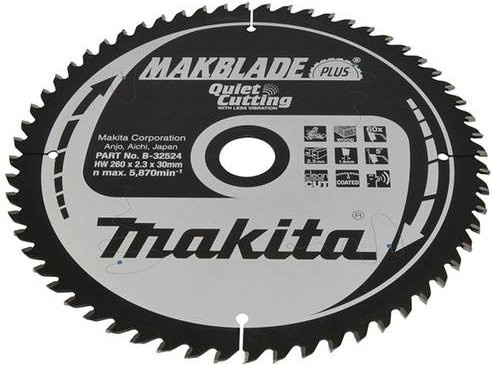 Makita MAKBLADE B-32524 Hartmetall Kreissägeblatt für Kappsägen, Farbe: Silber, Durchmesser: 260 mm, Bohrung: 30 mm, Zähneanzahl: 60 - Bild 1