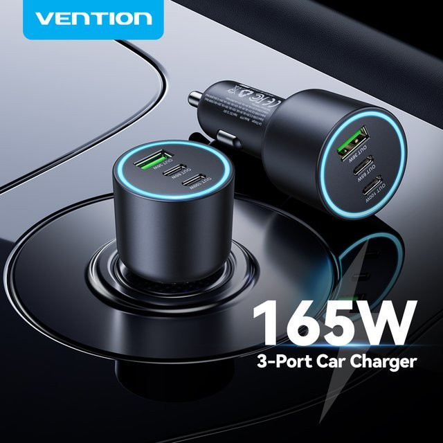 Vention 165 W USB C Autoladegerät mit 3 Ports, PD & QC 4.0 Schnellladeadapter in Schwarz - Bild 1