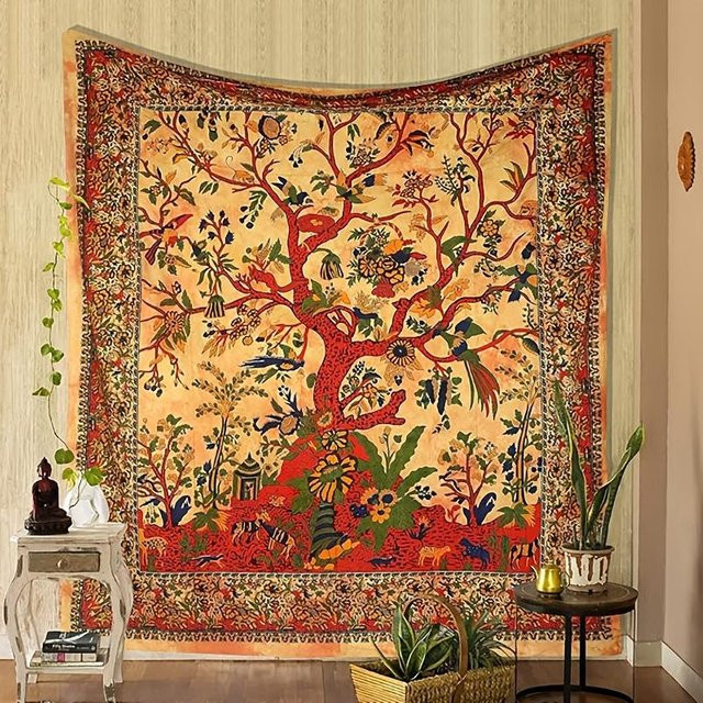 BaiTu Clothes Wandbehang Baum des Lebens in Lila und Gelb, Psychedelischer Wandteppich aus Baumwolle mit floralem Design, Breite: 137 cm, Höhe: 152 cm - Bild 1