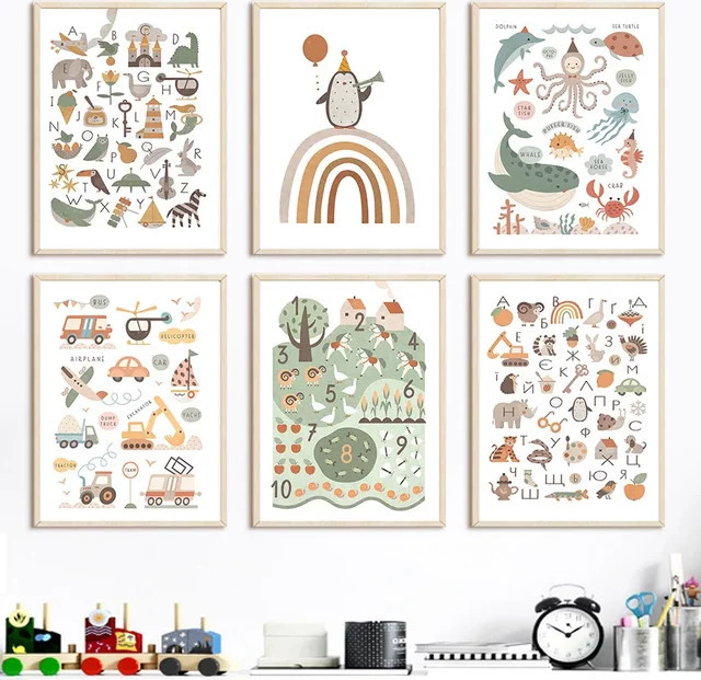 Potdemiel Wandkunst Leinwand für Kinderzimmer mit Nordic Alphabet und Tieren in Grün und Multicolour - Bild 1