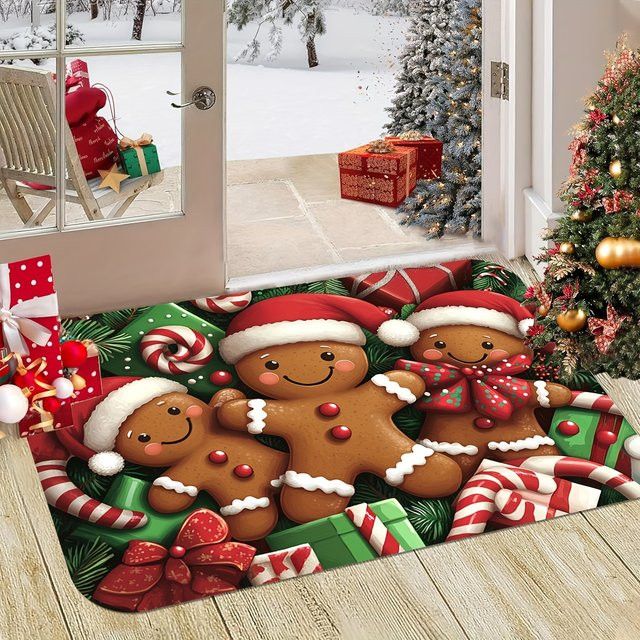 VIKAMA Weihnachts-Fußmatte mit Lebkuchenmann, rutschfester Druckteppich für Eingangsbereich, Flur und Badezimmer - Bild 1