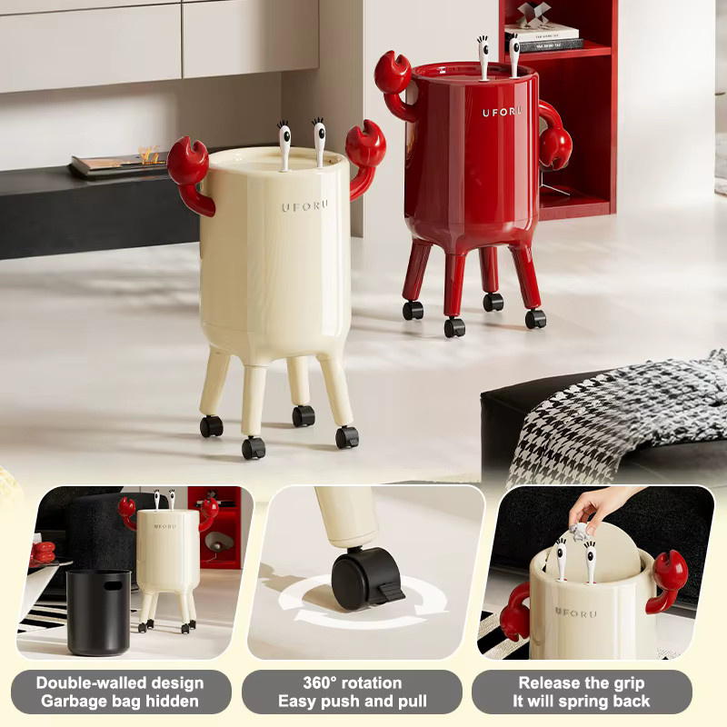 UFORU Doppelwandiger Mülleimer mit Federdeckel und Rollen, Beige, B/T/H: 45,0 x 24,0 x 24,0 cm - Bild 5