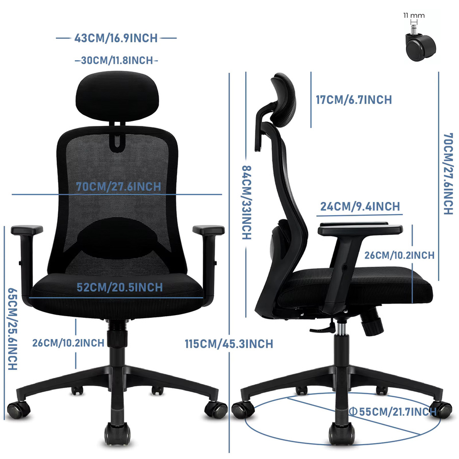 Milacyee Ergonomischer Computer-Schreibtischstuhl in Schwarz mit hoher Rückenlehne, verstellbarer Kopfstütze, Lendenwirbelstütze und Liegefunktion - Bild 3