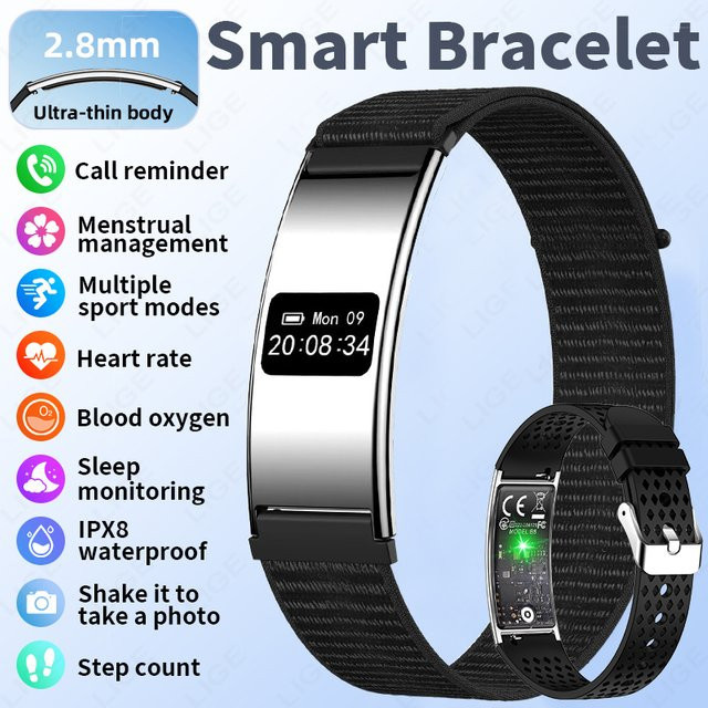 LIGE Smartwatch Fitness-Tracker mit Herzfrequenz- und Stressmonitor, wasserdichtes Smart-Armband mit Anruferinnerung und 2 Armbändern, Farbe: Schwarz - Bild 1