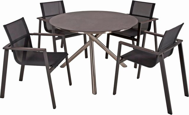 DELUKE Garten-Sitzgruppe HECTOR 5-teiliges Gartenmöbel-Set in Schwarz mit rundem Esstisch und Stapelstühlen aus Edelstahl und Kunststoff im Industrial-Design - Bild 1