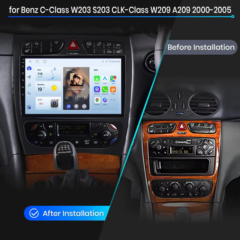 Junsun Wireless CarPlay und Android Auto Autoradio für Mercedes-Benz C-Klasse W203 und CLK-Klasse C209/A209, Schwarz, mit GPS, Wi-Fi, Multimedia-Player und DSP - Bild 2