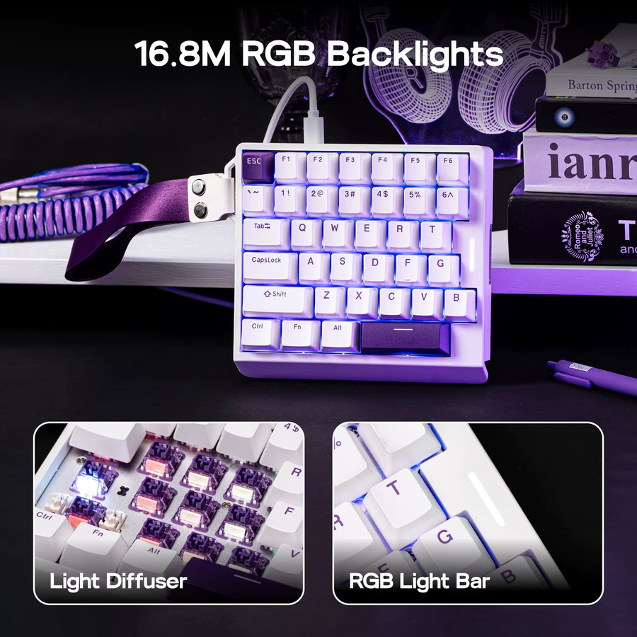EPOMAKER HE30 30% Einhändige Hall-Effekt Gaming-Tastatur mit RGB-Hintergrundbeleuchtung und 8K Polling-Rate, Weiß-Lila - Bild 3