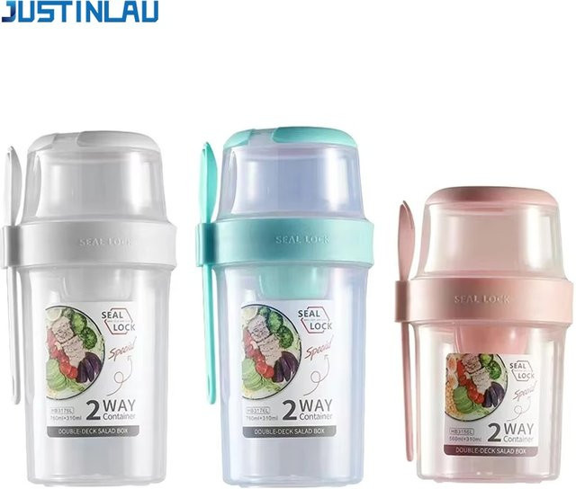 JUSTINLAU Tragbarer Fitness-Salatbecher mit Deckel und Löffel in Weiß zur Aufbewahrung von Frühstück, Obst oder Joghurt für unterwegs - Bild 1