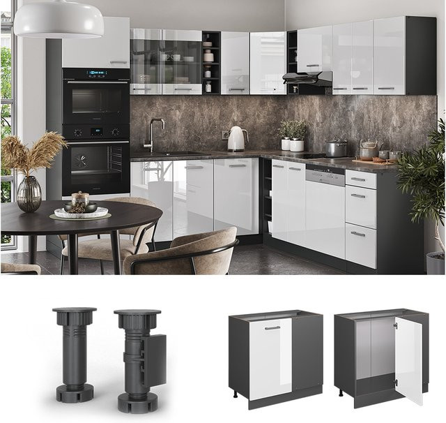 Vicco Eckunterschrank R-Line Küchenschrank in Weiß Hochglanz und Anthrazit, Höhe: 86 cm - Bild 3