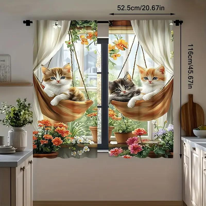Tonnika Chen Vorhang-Set mit Katzen- und Blumendruck, 2er-Set aus Polyester, Mehrfarbig, Breite: 170 cm, Höhe: 200 cm - Bild 2