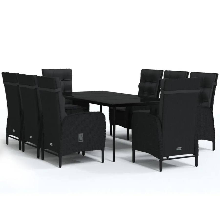 vidaXL 9-teilige Garten-Essgruppe aus PE-Rattan und pulverbeschichtetem Stahl mit Glasplatte und Kissen in Schwarz, B/T/H: 200 x 100 x 74 cm - Bild 2
