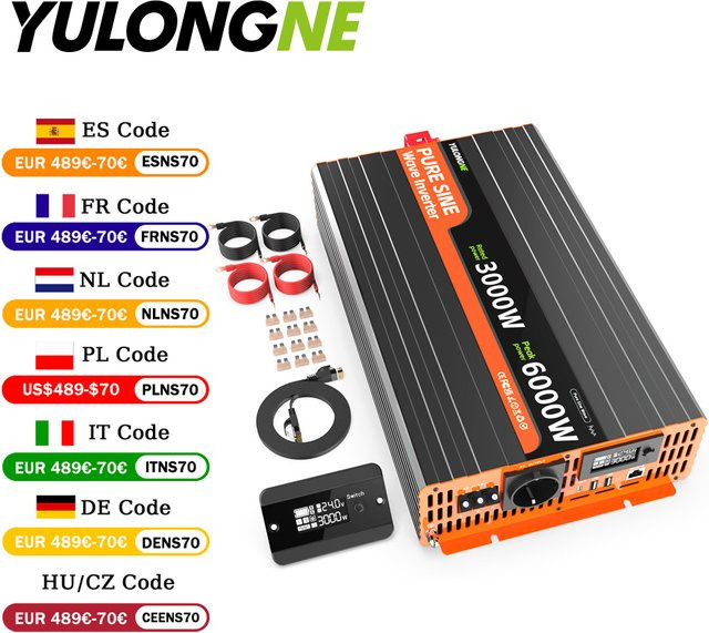 YULONGNE Reiner Sinus-Wechselrichter DC 24V zu AC mit LCD-Fernbedienung und EU-Schuko-Steckdose, Schwarz - Bild 1