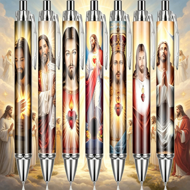 8 Stück Kugelschreiber mit Jesus-Heiligenherz-Motiv in Mehrfarbig, Kunststoff-Schreibgeräte mit Druck- und Einziehfunktion - Bild 1