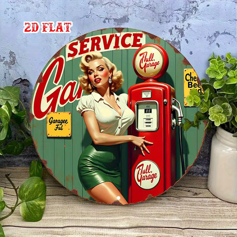 Potdemiel Vintage Pin-Up Girl Gaspumpe Metallschild Rund, Garagendekoration in Blaugrün und Rot, Durchmesser: 20 cm - Bild 3