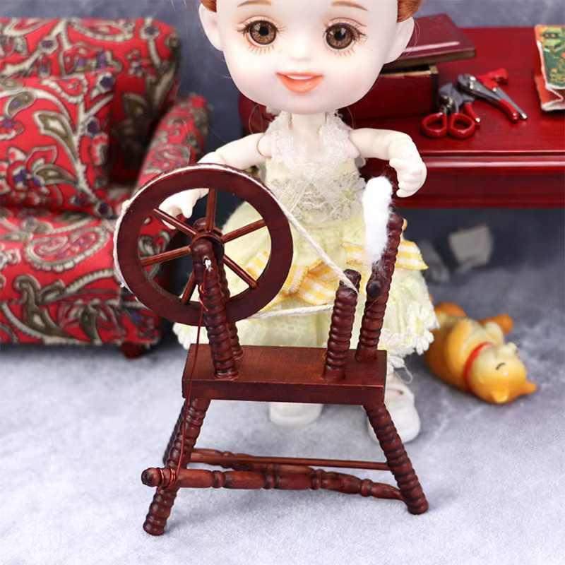 Mini-Spinnrad, Miniatur-Puppenhausmöbel, Holz, Braun - Bild 3