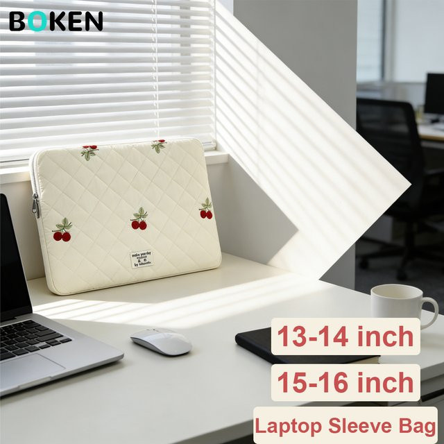 BOKEN Laptop-Hülle mit Kirschstickerei in Beige für MacBook Air/Pro, Lenovo und Dell, tragbare Laptoptasche für 13 bis 15 Zoll (40,6 cm) - Bild 1