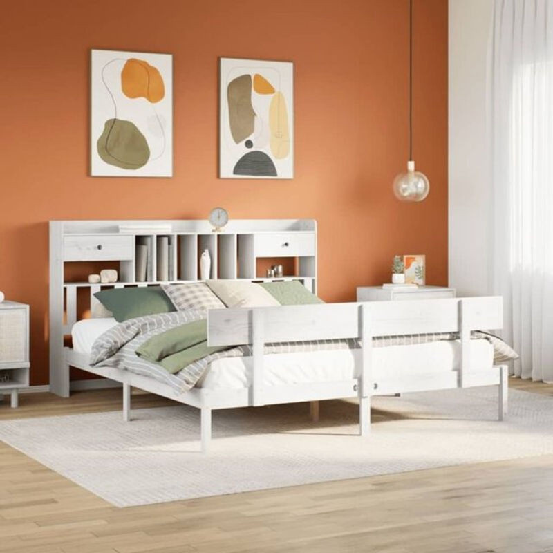 Massivholzbett Vidaxl aus Kiefer mit Regal in Weiß B/T/H: 180 x 200 x 110 cm - Bild 1