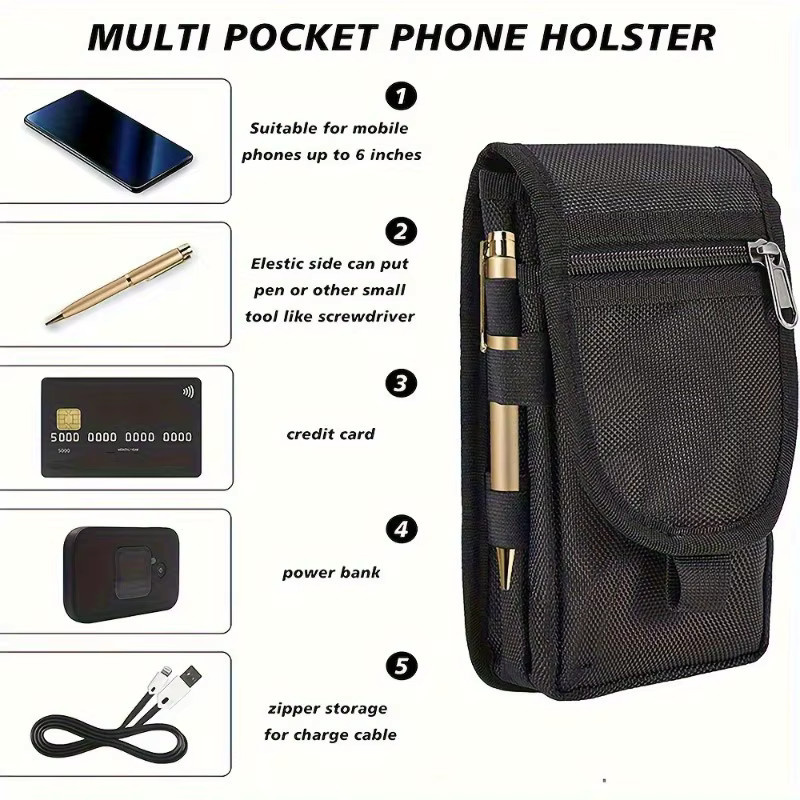 GOLDFOX Multifunktionale Handy Gürteltasche aus Oxford Stoff für iPhone 16 und iPhone 15, 6,3 Zoll, Schwarz - Bild 4