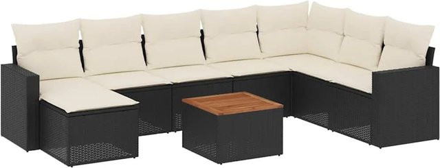 vidaXL 9-teilige Garten-Sofagarnitur in L-Form aus Poly-Rattan und Akazienholz mit Kissen in Schwarz-Creme - Bild 1
