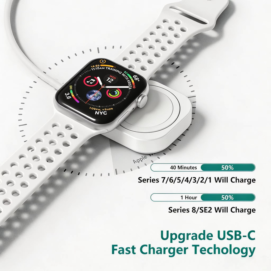 TIMESS Magnetisches Schnell-Ladegerät USB Type-C für Apple Watch Series Ultra, 11, 10, 9, 8, 7, 6, SE und Series 4, 3, 2, 1 in Weiß - Bild 2