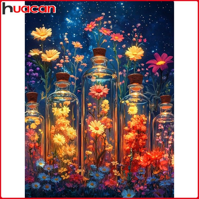 Huacan DIY Diamantmalerei Gänseblümchen in Vase als Diamant Stickerei Set mit bunten Strasssteinen, B/H: 20 x 30 cm - Bild 1