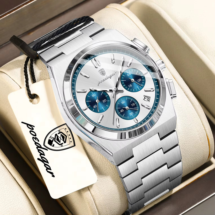 POEDAGAR Chronograph Herrenuhr, Quarz, Edelstahl, Datum, Wasserdicht - Bild 2