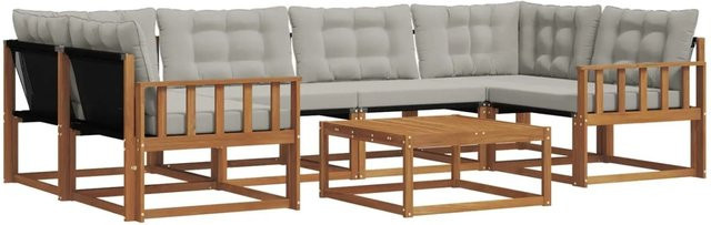 vidaXL Outdoor-Sofagarnitur 7-teilig aus Akazienholz und Textilene in Natur und Hellgrau - Bild 1