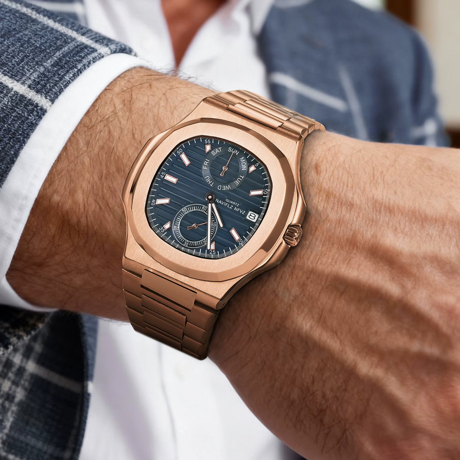 NAVIFLZ Herrenuhr, Roségold, Edelstahl, Quarz, 40 mm, Saphirglas, Datum - Bild 2