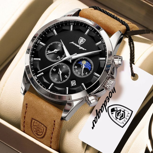 POEDAGAR Chronograph Armbanduhr, Quarz, Leder, Schwarz, Herren - Bild 1