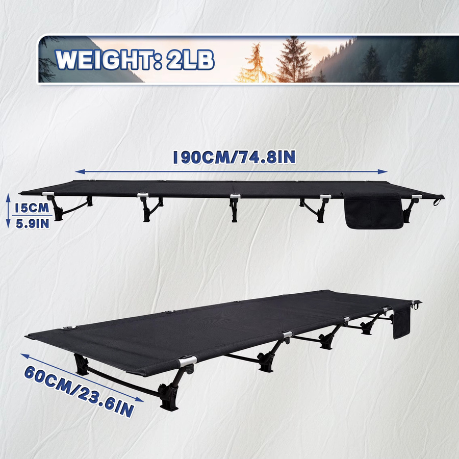 LIFEWITHCAMP Campingbett ultraleicht und kompakt, tragbares Klappbett aus Metall und Stoff in Schwarz mit Seitenfächern für Erwachsene - Bild 2