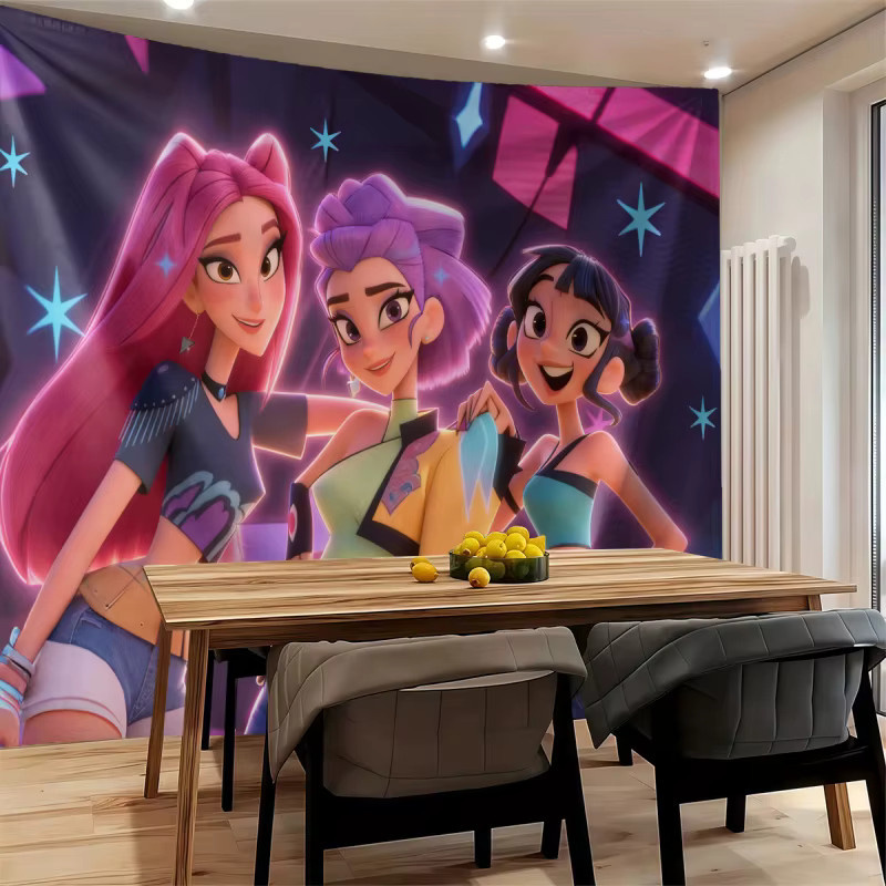 Hasbro Kpop Girl Group Wandteppich im Neon-Stil, Mehrfarbiger Wandbehang als ästhetische Raumdekoration, Breite: 150 cm, Höhe: 100 cm - Bild 3
