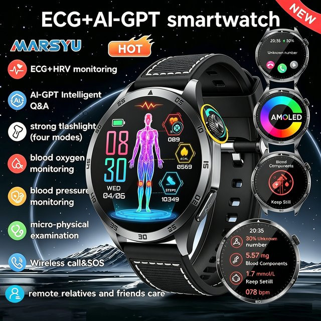 Marsyu Smartwatch, Schwarz, Herren, Bluetooth, EKG, Calling - Bild 1
