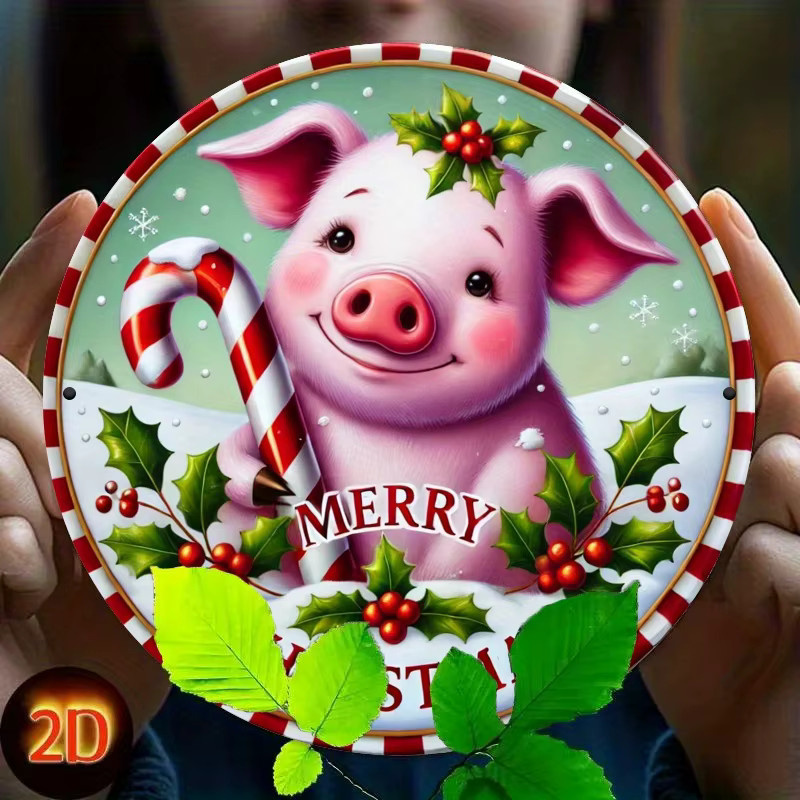 Rundes Metallschild Potdemiel Merry Christmas Little Pig mit Lollipop-Motiv, Mehrfarbig, Durchmesser: 20 cm - Bild 3