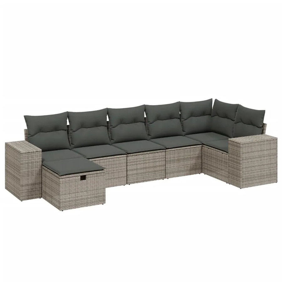 vidaXL 7-teilige Garten-Sofagarnitur in L-Form aus Poly Rattan mit Kissen und Ottoman in Grau - Bild 2