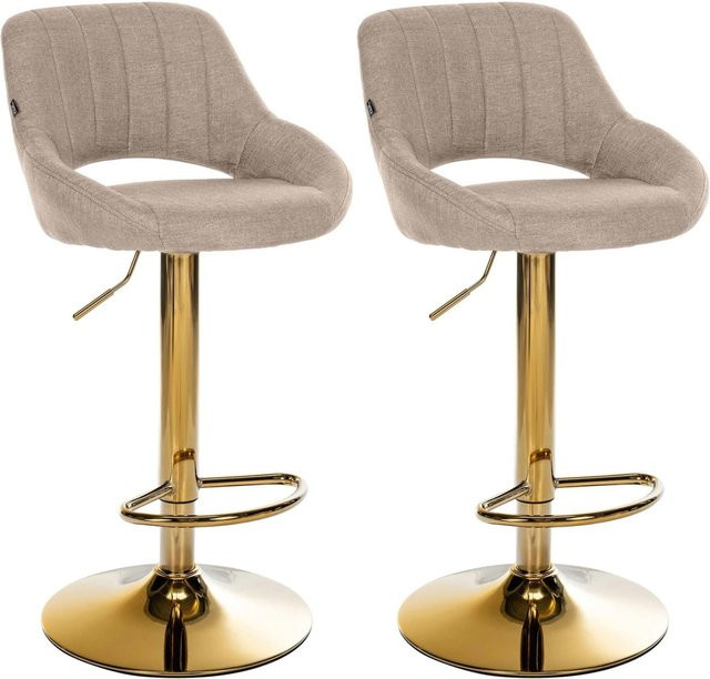 CLP 2er Set Barhocker Milet höhenverstellbar mit Lehne, gepolsterte Barstühle aus Stoff und Metall, drehbar, Farbe: Beige/Gold - Bild 1