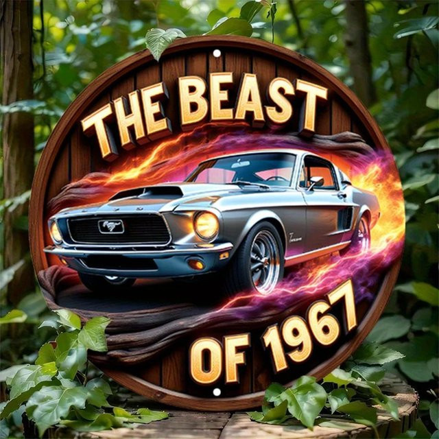 CIFBUY Metall-Wandkunst-Schild Retro 1967 Beast Muscle Car in Blau und Multicolour, Durchmesser: 20 cm - Bild 1