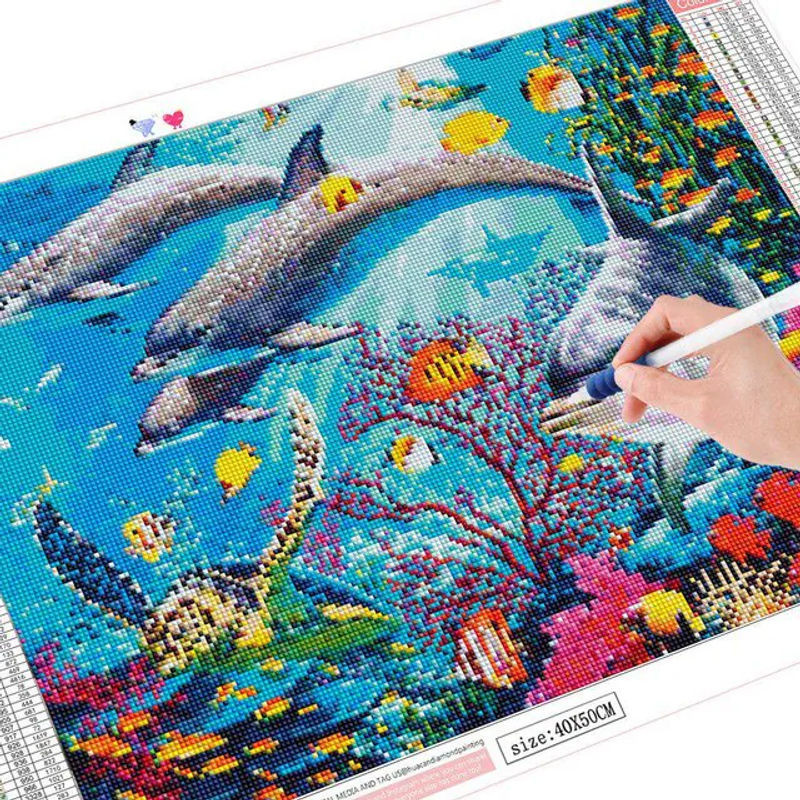 FIYO Diamond Painting Set Delfin Motiv in Mehrfarbig, Rechteckiges 5D Strass Mosaik Bild zur Dekoration, B x H: 20 x 30 cm - Bild 1