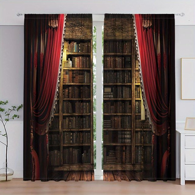 Yiran Furniture Vorhang Set 2 Stück Gothic Schloss Design Rot Polyester B: 120 cm, H: 270 cm - Bild 1