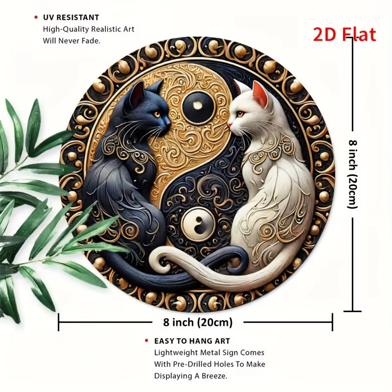 Potdemiel Rundes Aluminiumschild mit Katzenmotiv in Schwarz-Weiß, Rustikale Metall-Dekoration für Café und Restaurant, Durchmesser: 20 cm - Bild 2