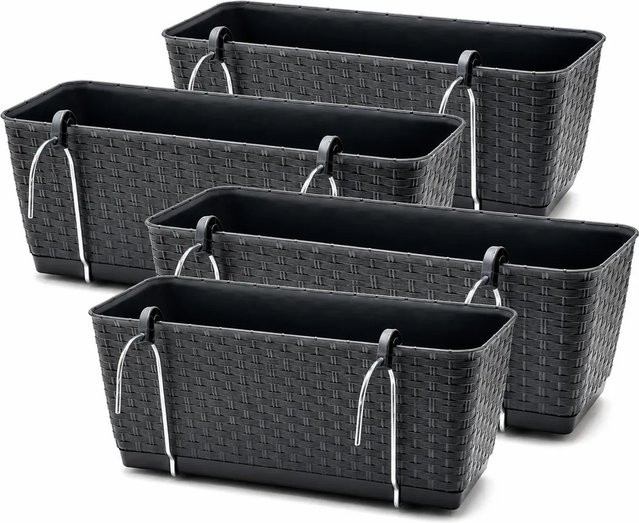 BigDean 4er Set Blumenkästen für Balkon-Geländer in Rattan Optik Anthrazit mit Metall Halterung und Bewässerungssystem - Bild 1