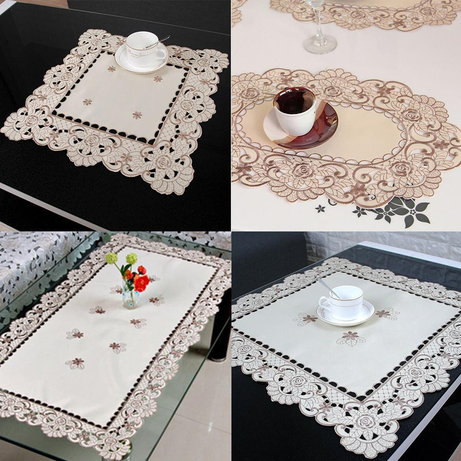 Yiran Furniture Tischdecke aus Satinstoff mit weißer Spitze und floraler Bestickung im Vintage-Stil, rund, Weiß - Bild 4