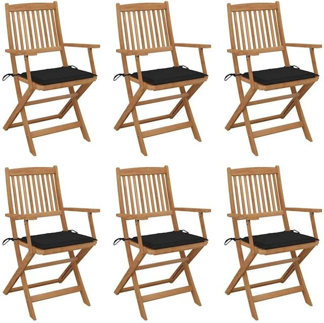 6er Set klappbare Gartenstühle von vidaXL aus Akazienholz mit Kissen in Braun und Schwarz - Bild 1