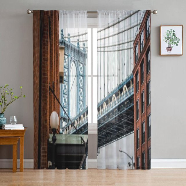 Transparenter Tüllvorhang New York Cityscape Manhattan Downtown und Dumbo Brücke von Super Six, Farbe: Transparent/Mehrfarbig, Breite: 135 cm, Höhe: 137 cm - Bild 1