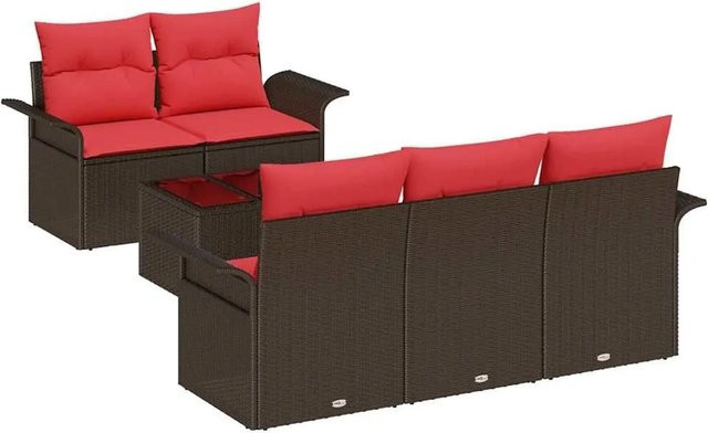 vidaXL Gartensofa-Set aus Poly-Rattan mit 6 Kissen in Beige, Rot und Braun mit Tisch und pulverbeschichtetem Stahlgestell - Bild 1